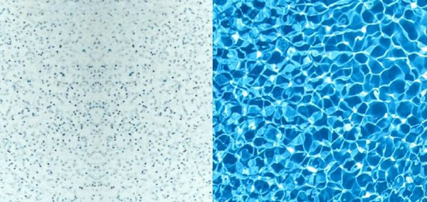 Two toned colour swatch of Silver Shimmer, one side showcasing the pool shell colour and one side showing the colour in the water
