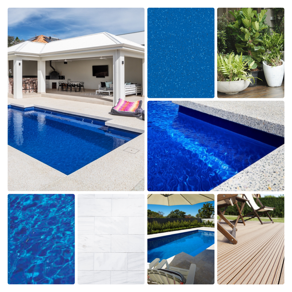 Collage of exterior ideas to compliment pool colour royal ocean shimmer 