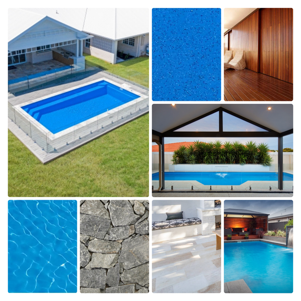 Collage of exterior ideas to compliment the pool colour indigo shimmer 