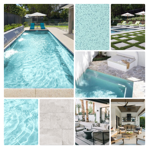 Collage of exterior ideas to match the pool colour Miami Shimmer