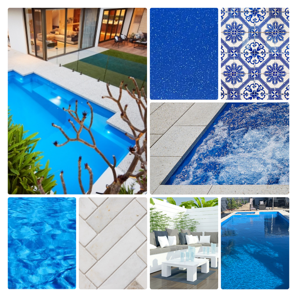Collage of exterior ideas to compliment the pool colour pacific shimmer 