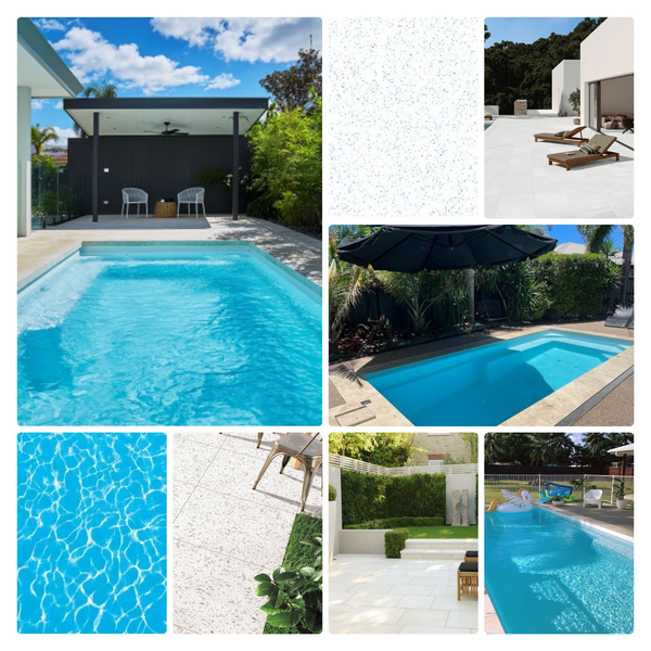 Collage of exterior styling options to compliment the pool colour Royal Alpine White