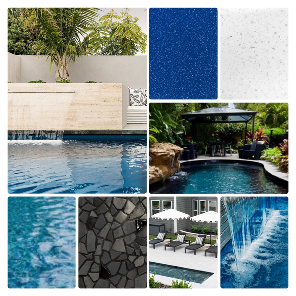 Collage of exterior ideas for the pool colour royal jade shimmer 