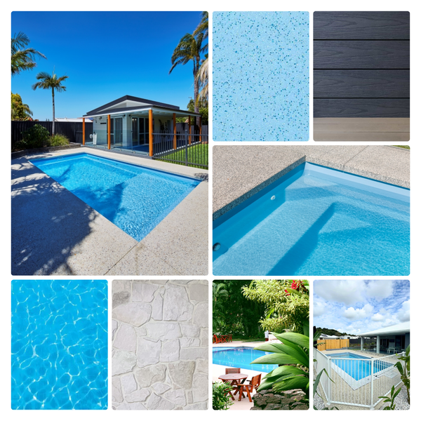 Collage of exterior ideas to compliment the pool colour sky blue shimmer 