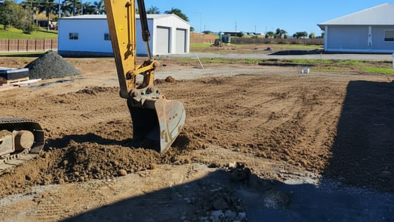 Construction site with a partially built pool and surrounding area under a clear blue sky.